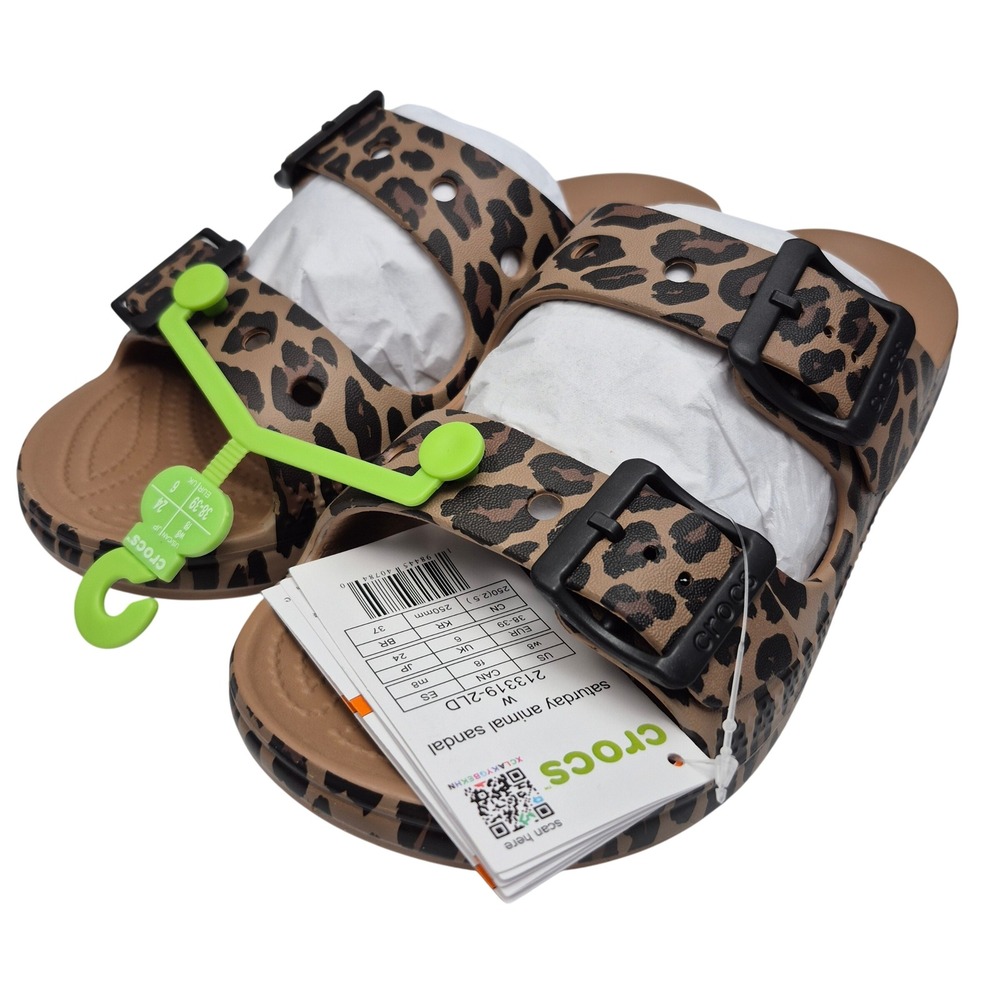 Crocs Women's Animal Print Saturday Two Strap Sandals Sepia Leopard Size 8